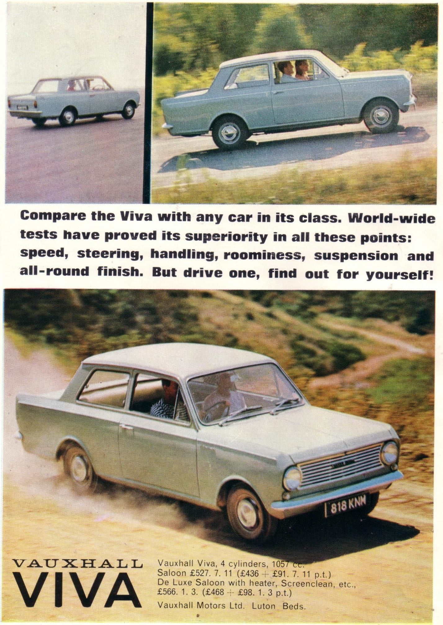 A 1963 period magazine advertisement for the Vauxhall Viva showing the car in photographs with copy comparing it to rivals