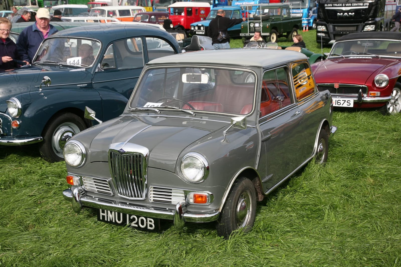 A grey Riley Elf saloon, front three-quarter view