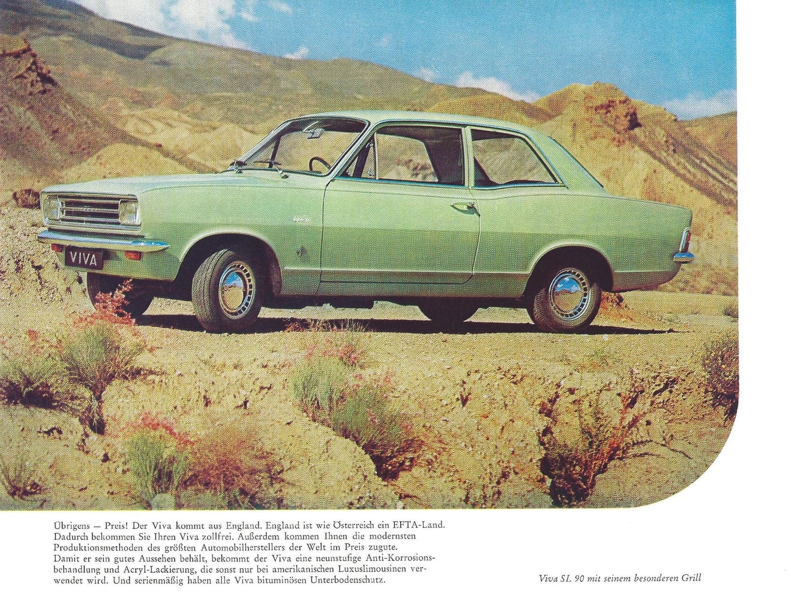 A German-language Vauxhall Viva brochure page produced for the Austrian market, showing the car in a desert landscape