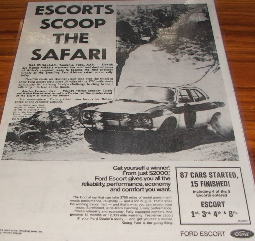 A period Ford advertisement headlined Escorts Scoop the Safari showing a rally Escort in East Africa