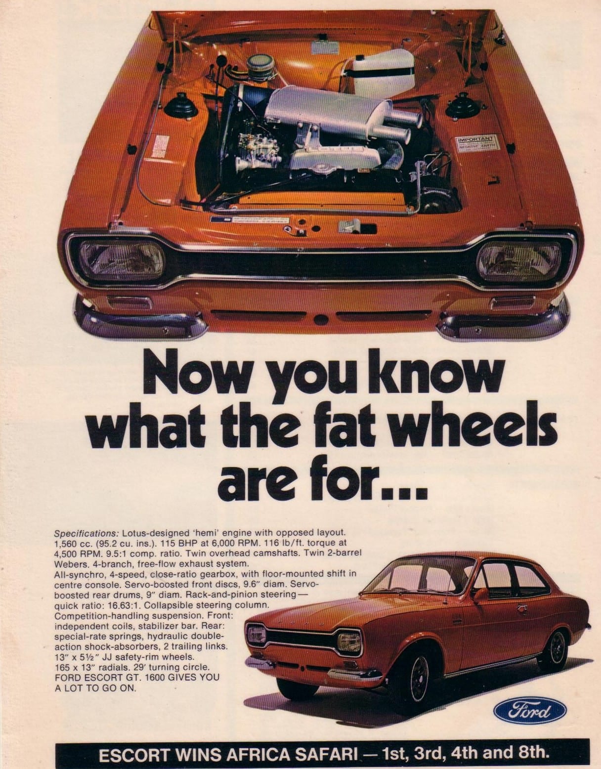 A 1971 period advertisement for the Ford Escort Twin Cam headlined Now you know what the fat wheels are for