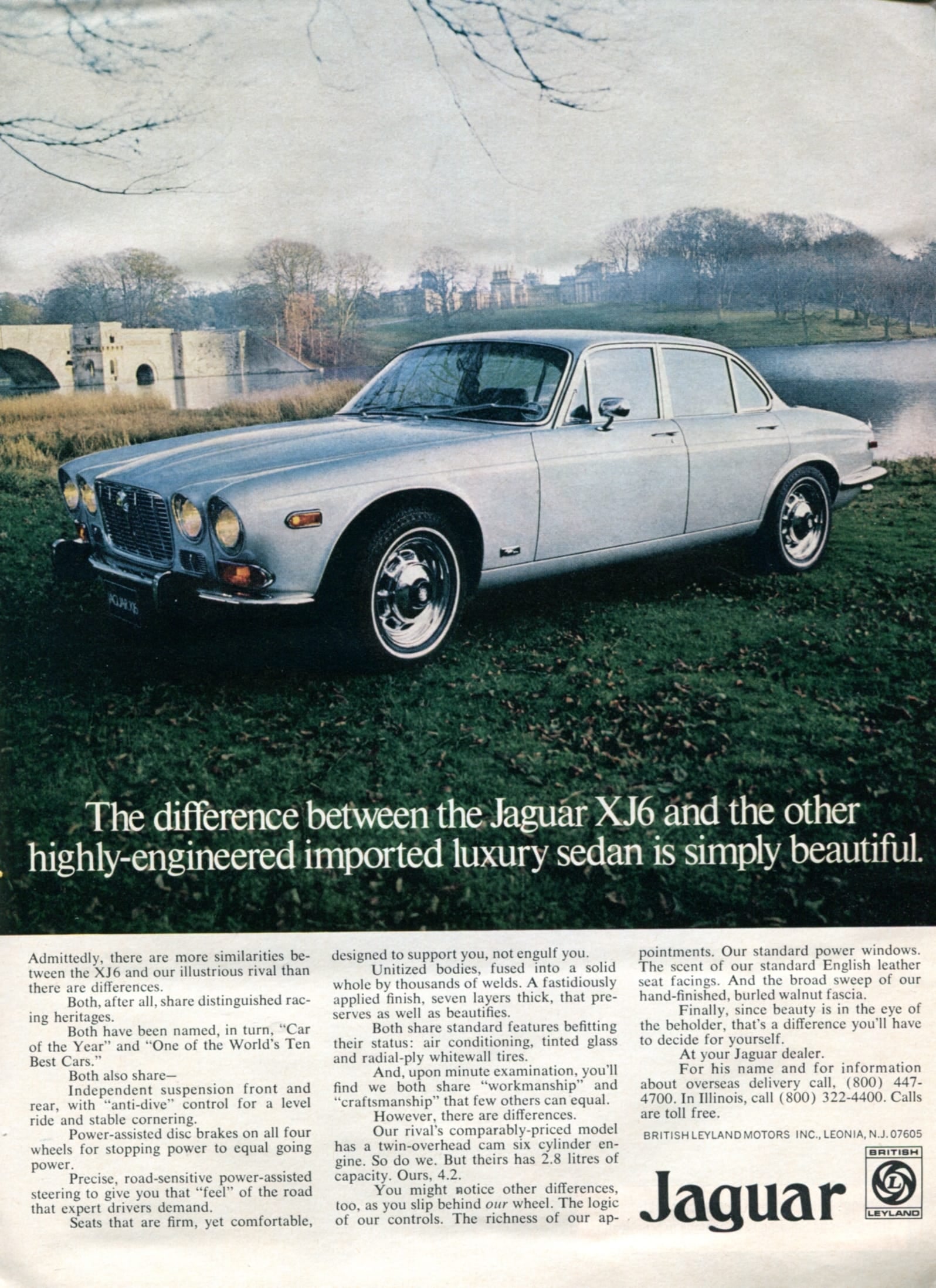 A 1973 magazine advertisement for the Jaguar XJ6 showing a silver saloon by a lake, headlined on the difference between the XJ6 and other imported luxury saloons