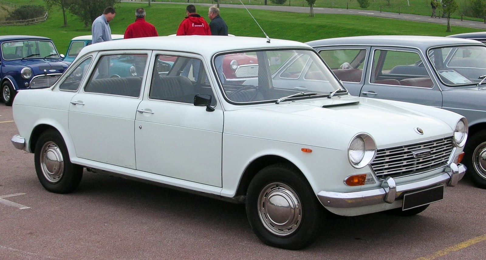 A white 1969 Austin 1800 automatic at a classic car gathering, front three-quarter view