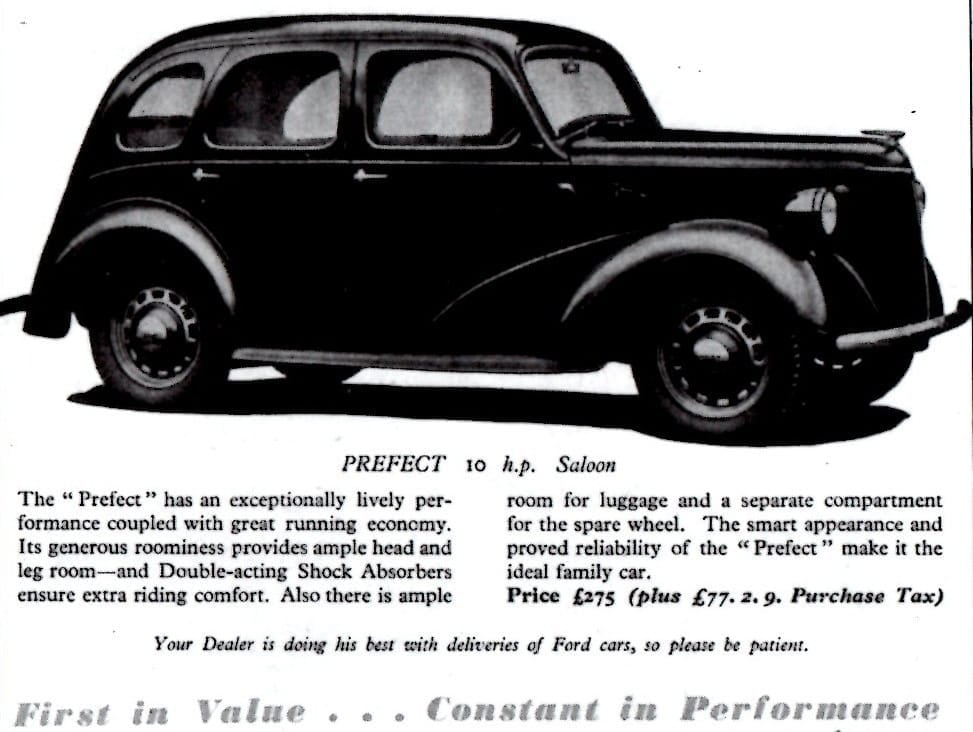 A period image of an upright pre-war Ford Prefect