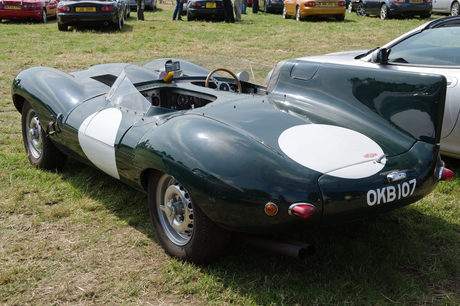 A green Jaguar D-Type replica on grass at a classic car gathering, rear three-quarter view, UK registration OKB 107