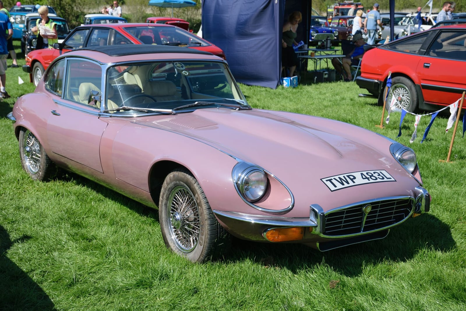 A heather pink 1973 Jaguar E-Type Series 3 coupe with UK registration TWP 483L at a classic car show