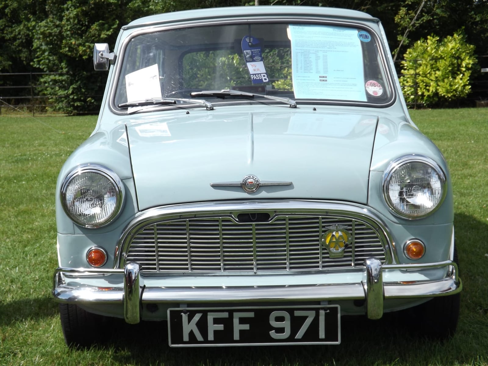 A pale blue 1960 Morris Mini-Minor, front view
