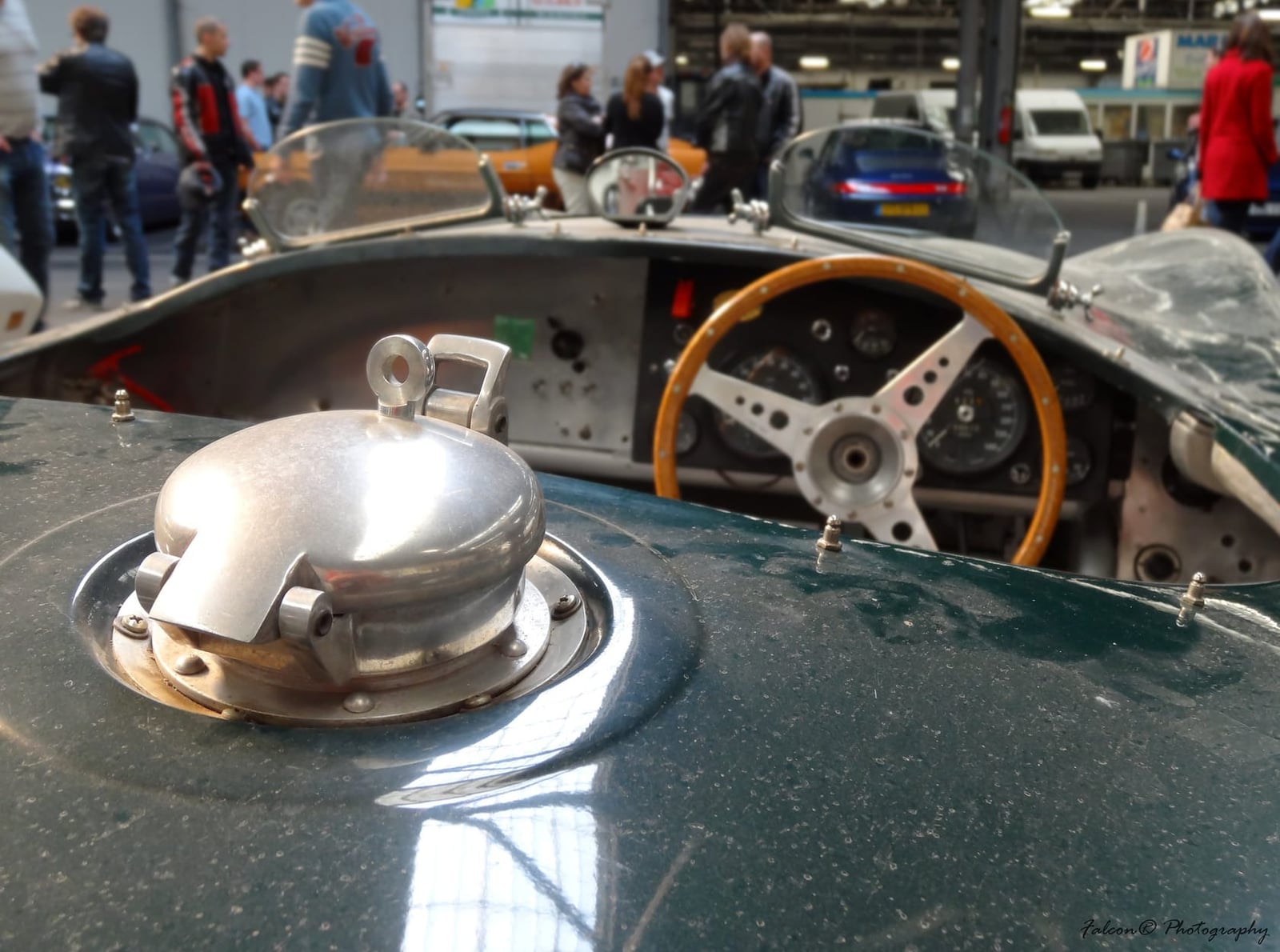 The cockpit and filler cap detail of a Proteus Jaguar C-Type replica