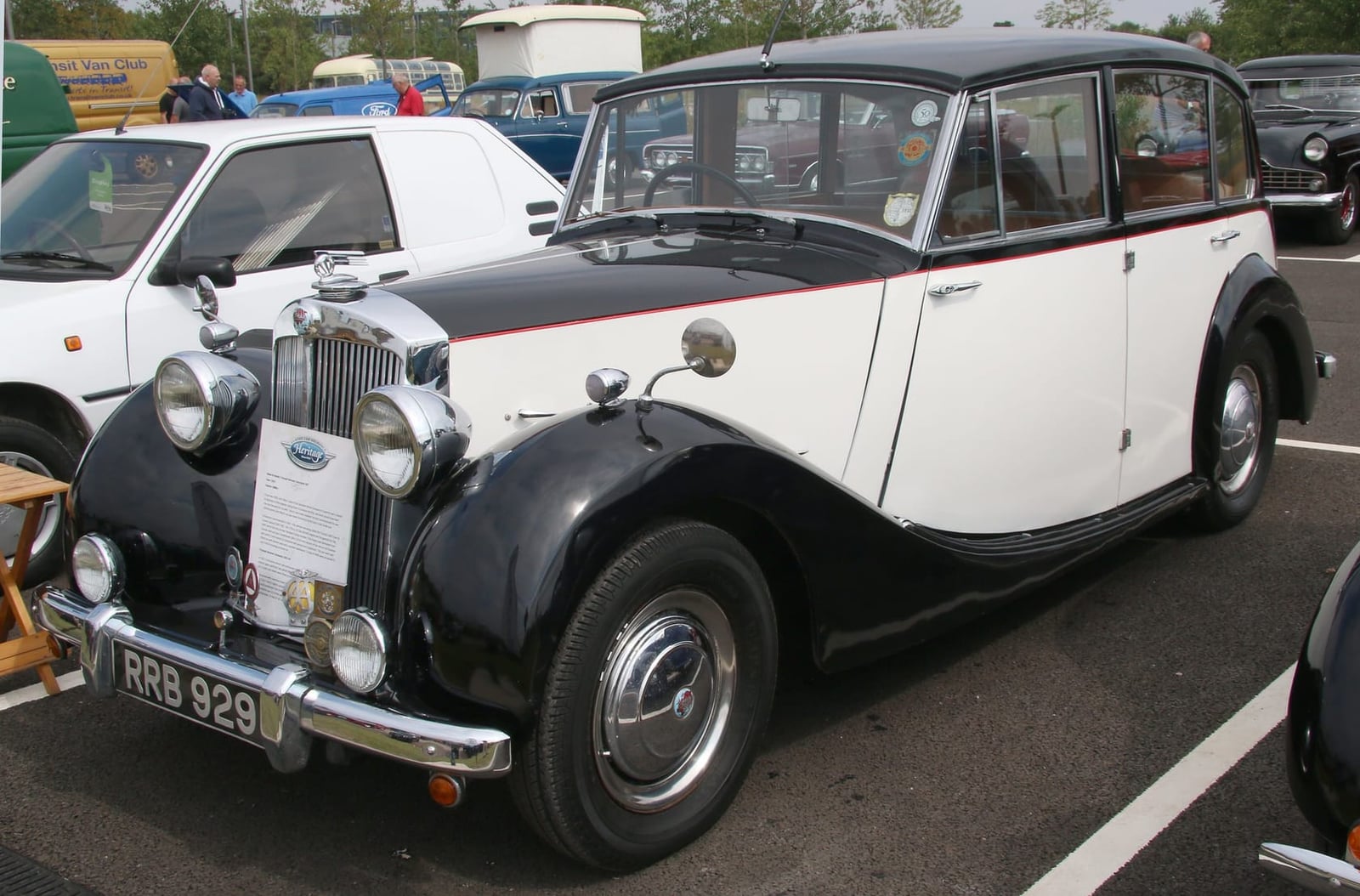 A black and white Triumph Renown Limousine with registration RBB 929 at a classic car gathering