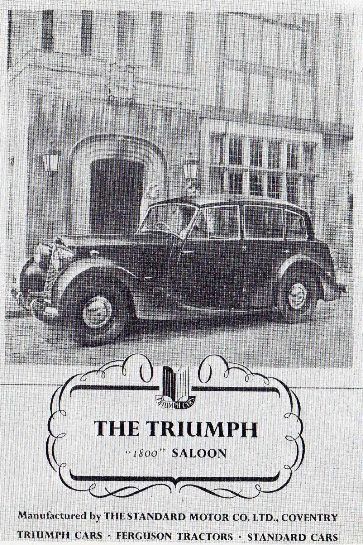 A period advertisement for the Triumph 1800 Saloon showing the razor-edge car outside a building