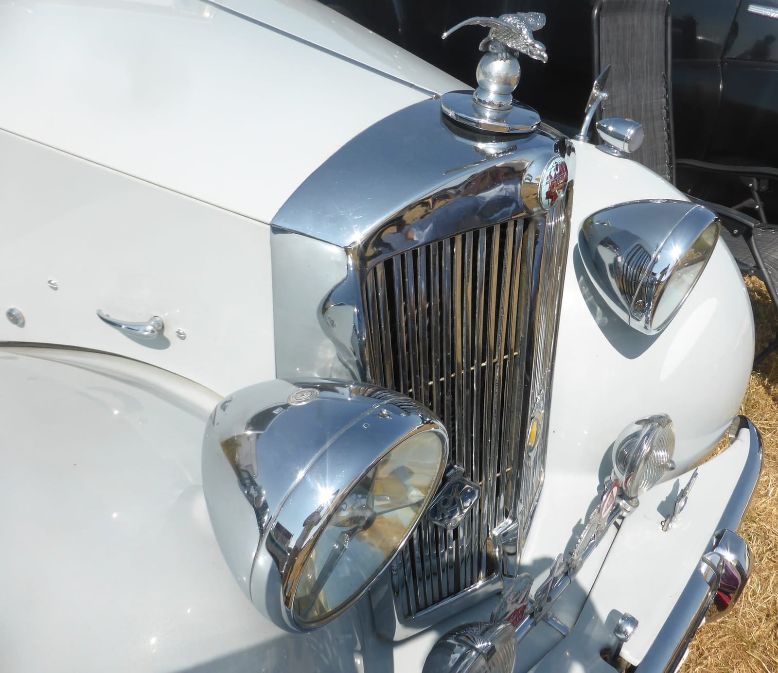 Close-up of a Triumph Renown radiator grille and bonnet mascot