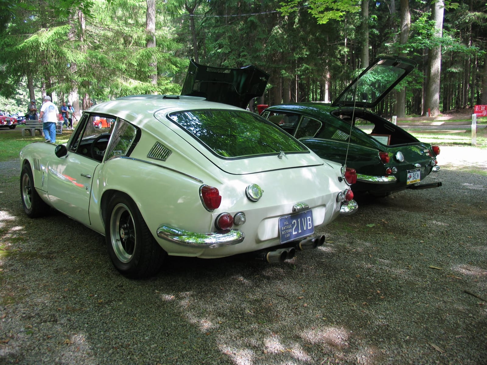 A pale Triumph GT6 fastback coupe, front three-quarter view on grass