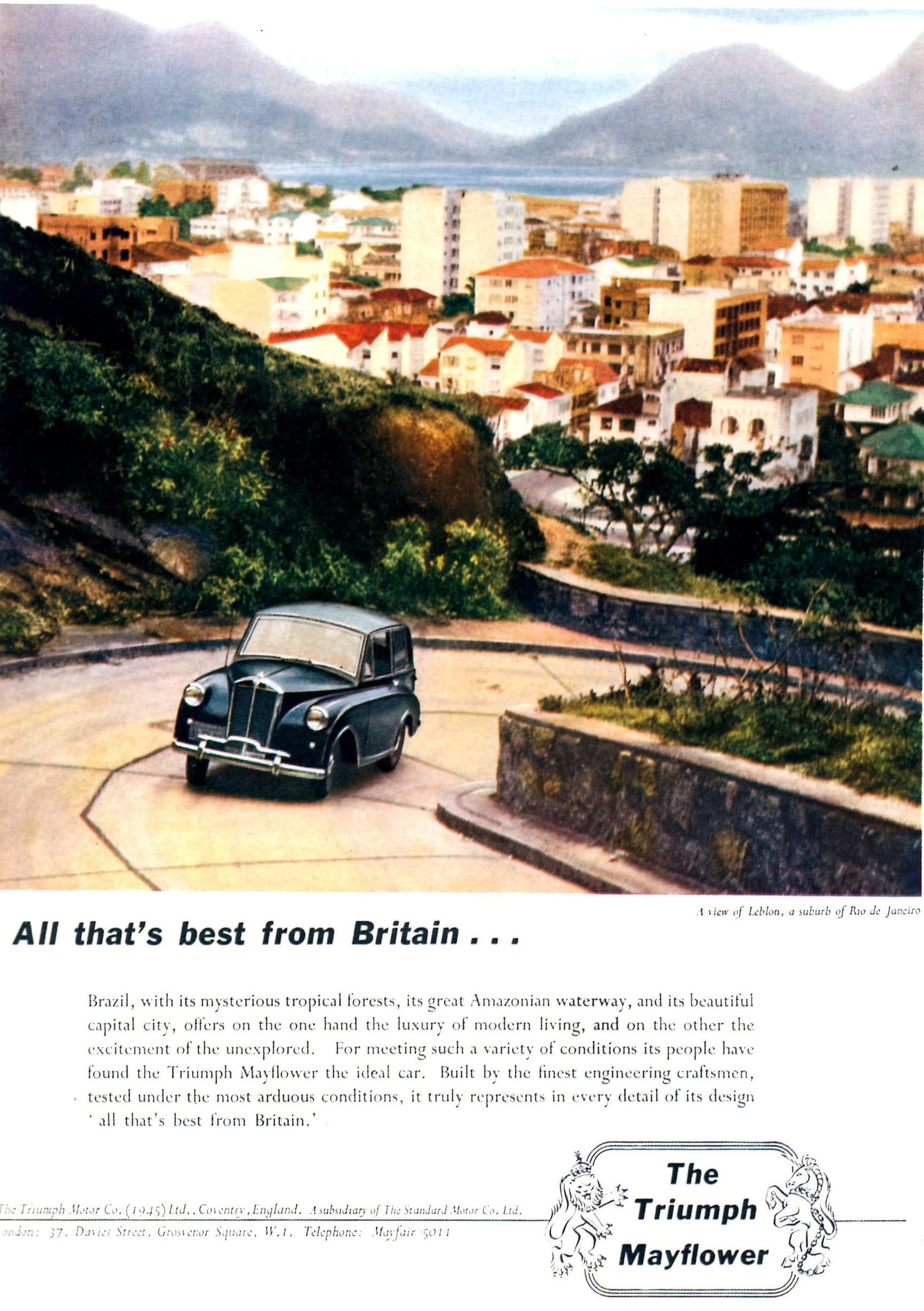 A period Triumph Mayflower advertisement showing the car on a Mediterranean coastal road