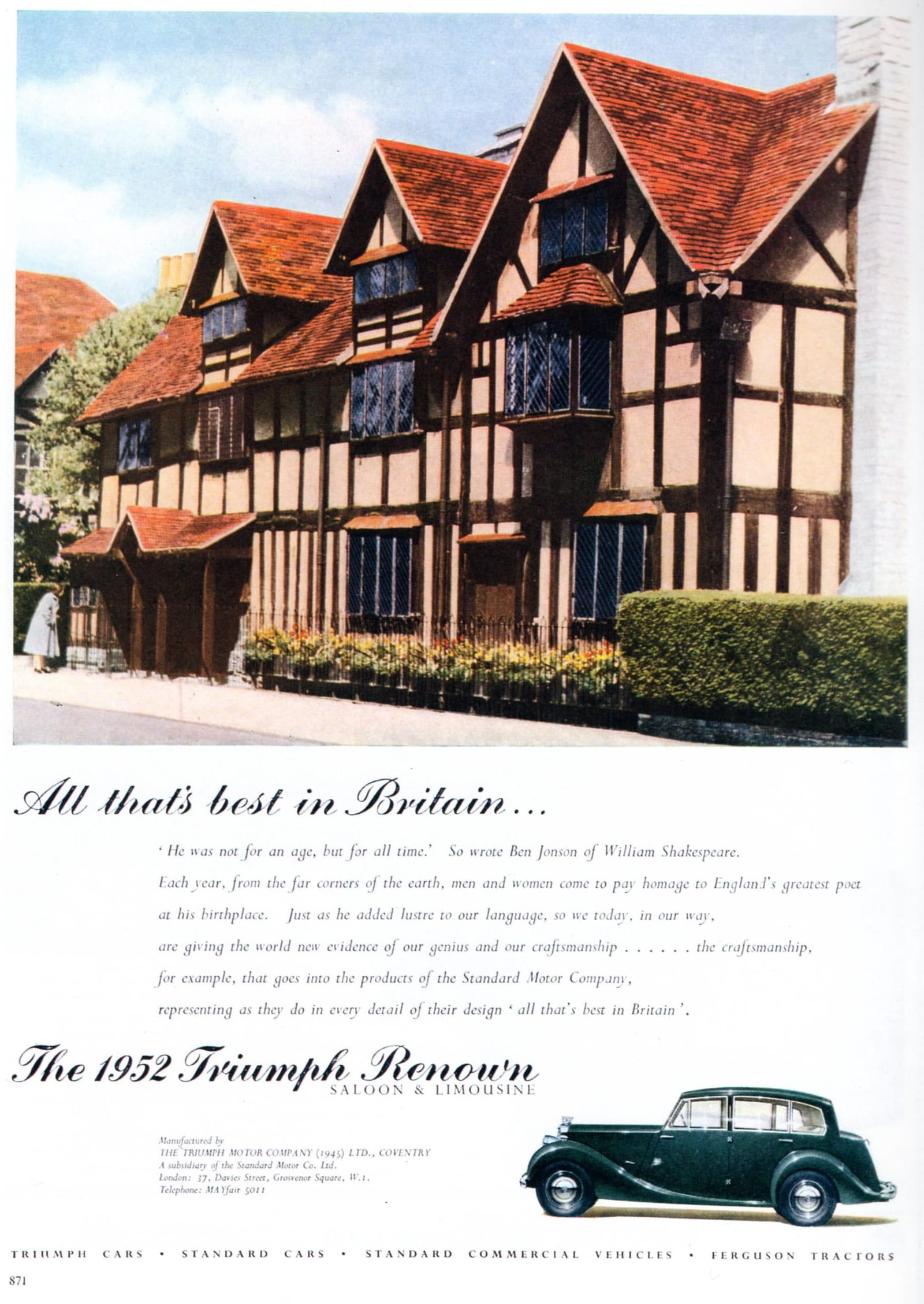 A 1952 period advertisement for the Triumph Renown showing the car outside a timbered Tudor house