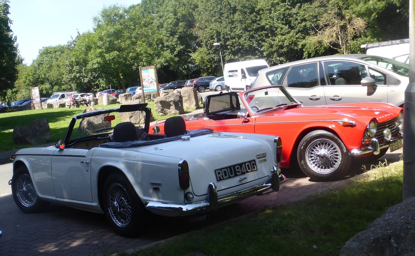 A white Triumph TR5 parked beside a red Triumph in a show car park