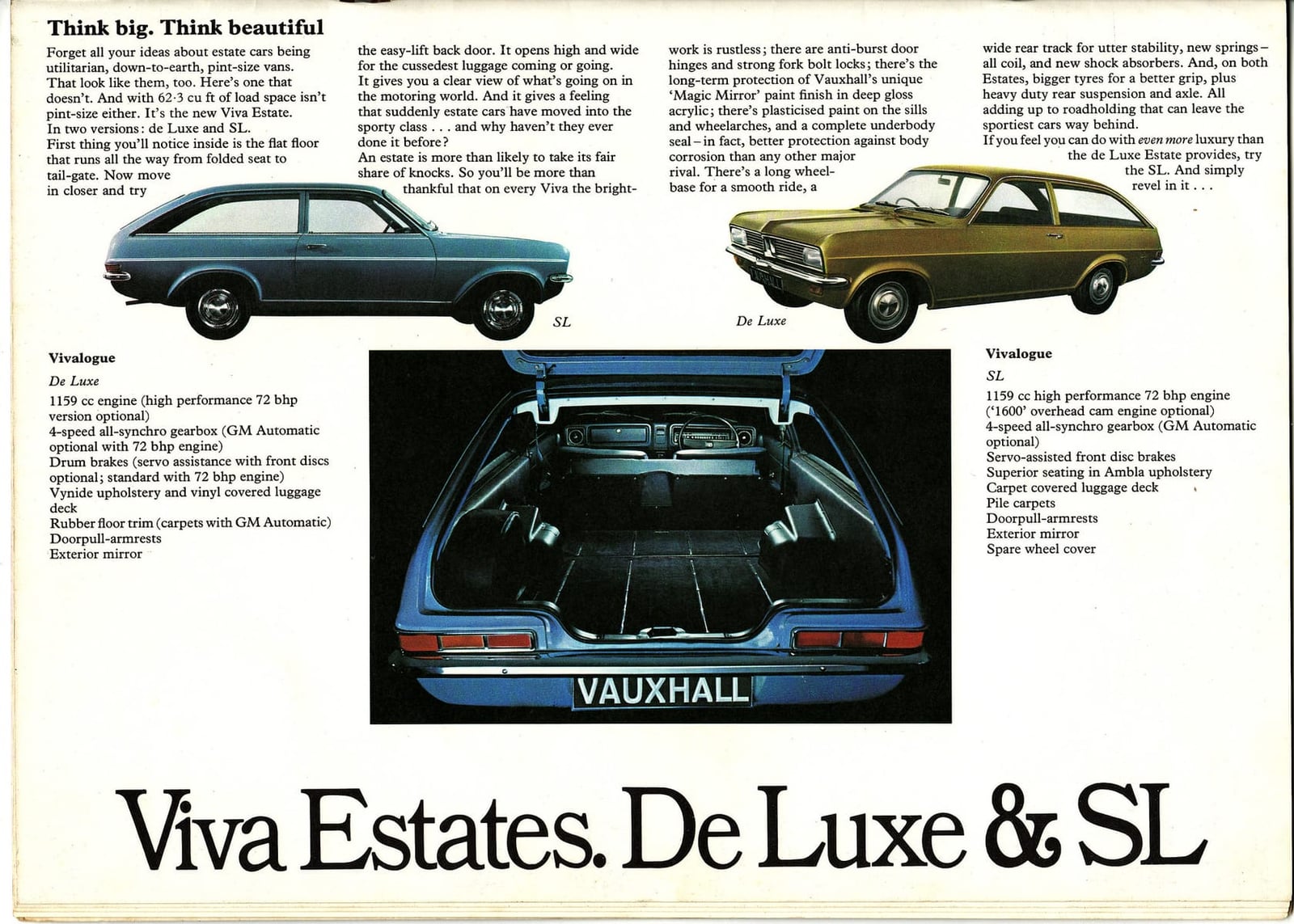 A period Vauxhall brochure page headed Viva Estates, De Luxe and SL, showing two estate cars and the load bay with the rear seat folded