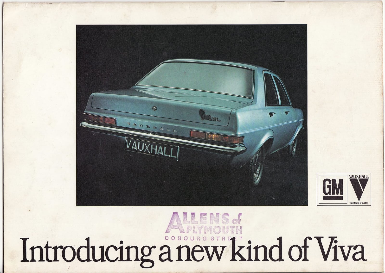 A period Vauxhall brochure page introducing the HC Viva, showing the car in pale blue rear three-quarter view