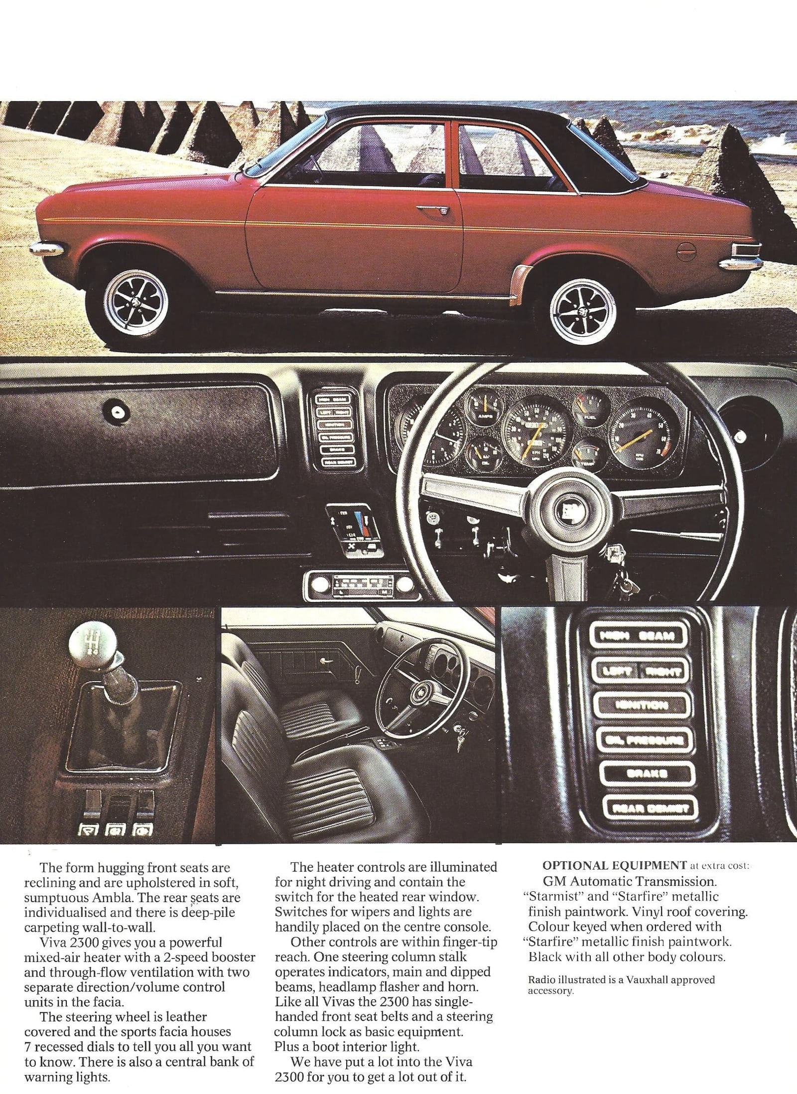A period Vauxhall brochure page for the Viva 2300 showing the car and close-up photographs of its dashboard and controls
